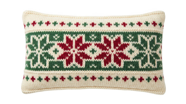 Rectangular knit throw pillow with festive snowflake pattern isolated on transparent background