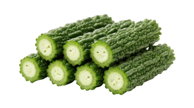 Fresh bitter melon slices arranged in a pile isolated on transparent background