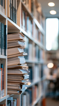 tall library shelves stacked with paper documents folders and bound books blurred bright background organized research archive interior clean well lit space bright library archive