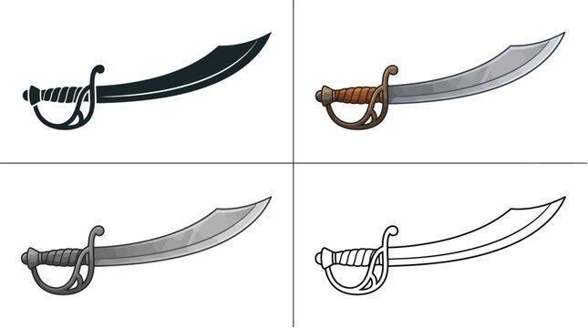 Detailed pirate saber collection showcasing various artistic styles including silhouette, color, grayscale, and clean line art