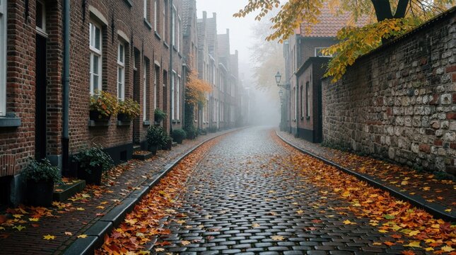 Mist covers narrow cobblestone street in old European town. Orange autumn leaves lie on wet road during fall season. Brick houses line quiet alleyway under foggy morning sky. Peaceful urban landscape