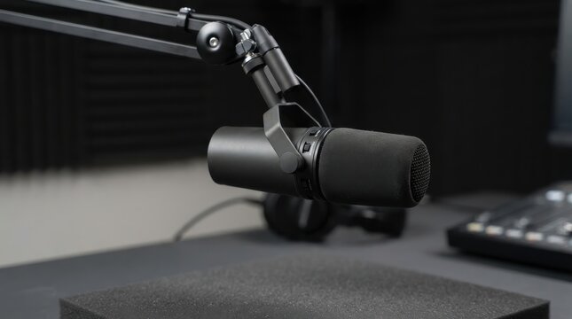 Professional studio microphone on a boom arm in a recording setup