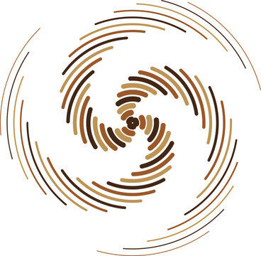 Abstract spiral vortex pattern composed of curved brown and tan lines on a white background, creating a dynamic swirling motion effect
