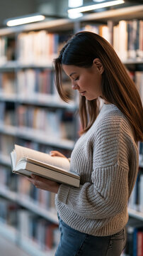 attractive confident smiling professional european woman browsing bookshelf in bright library shot from behind cropped rear view clean modern bookstore interior natural daylight