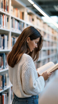 attractive confident smiling professional european woman browsing bookshelf in bright library shot from behind cropped rear view clean modern bookstore interior natural daylight
