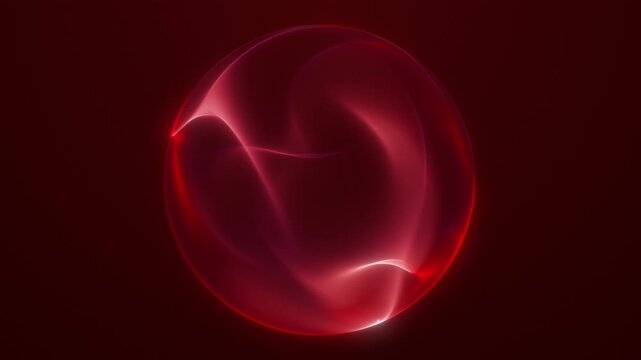 Red energy sphere particles dark red background. Hot AI core, magical plasma sphere red liquid wave glow. Ruby orb translucent flowing veins red gradient. Fiery plasma sphere, seamless loop.