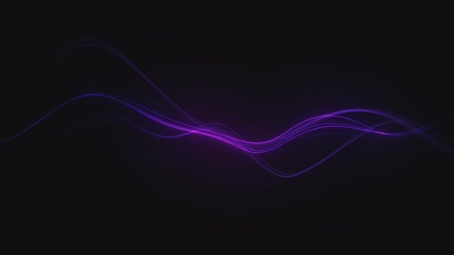 Glow purple wave isolated. Violet threads coil into a bright fuchsia peak sleek black canvas. Sinuous laser strands drift through minimal cyber void, seamless loop.