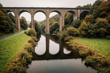 Fototapeta premium Historic stone viaduct arches over river, road in Scotland. Ancient brick bridge reflects in calm water during autumn. Green trees, forest landscape surround old landmark structure under cloudy sky.
