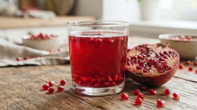 Glass of fresh pomegranate juice with fruit arils on wooden table