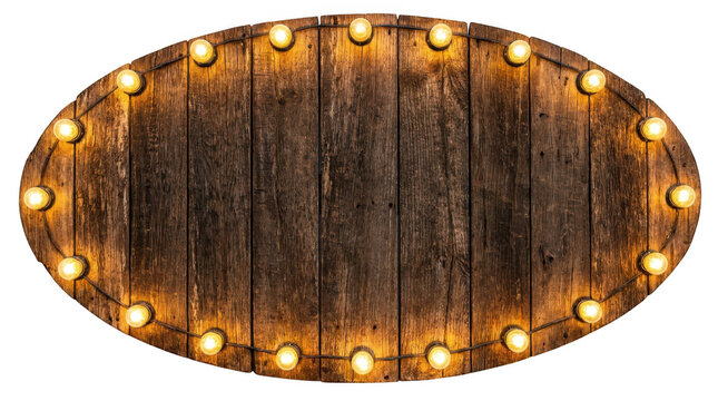Oval wooden sign with glowing light bulbs isolated on transparent background