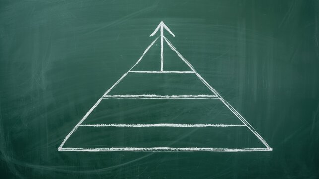 Chalk drawn organizational pyramid on green chalkboard with white chalk representing company hierarchy and structure