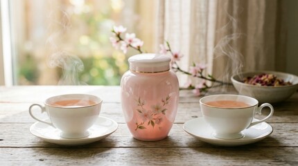 Fototapeta premium Tea Break Moment: Steaming Tea Cups and Decorative Jar