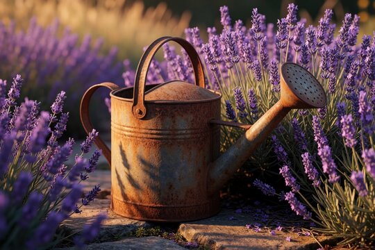Old rusty metal watering sits among blooming purple lavender flowers in sunny garden. Vintage gardening tool rests on stone path near fragrant floral plants. Rustic backyard decor with summer blossom
