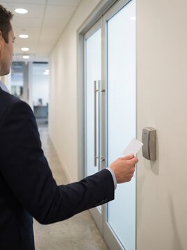 Businessman holding a blank white card near an electronic access reader by a glass door