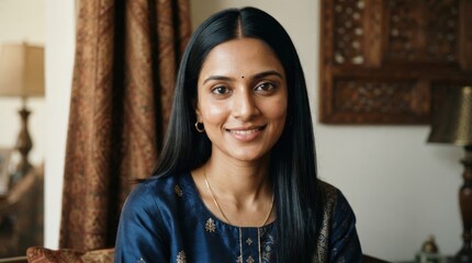 Fototapeta premium Young Indian woman with dark hair smiling indoors
