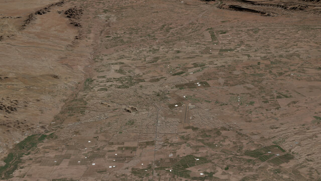 Oblique aerial 3D illustration of Marrakesh, Morocco. Contains modified Copernicus Sentinel data (2023). Surface/elevation: ESA/Copernicus.