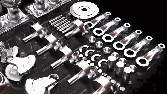 Precision Automotive Engine Components in Chrome 3d render.