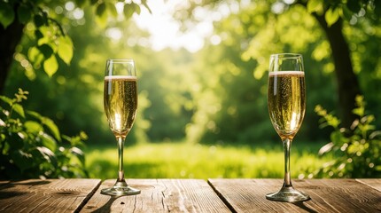 Naklejka premium Two champagne flutes with bubbly drink sit on wooden table. Green nature background with sun light creates peaceful outdoor setting for celebration.
