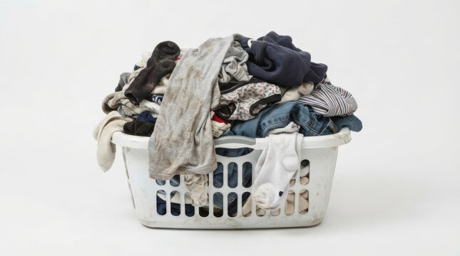 Plastic laundry basket overflowing with dirty clothes