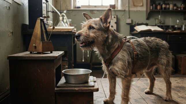Dog salivating in a vintage laboratory setting during a classical conditioning experiment