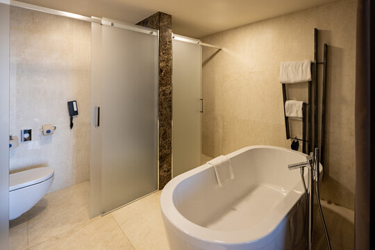 Modern luxury bathroom with freestanding bathtub frosted glass doors and marble accents