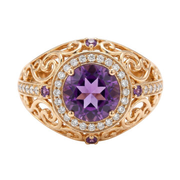 Elegant gold ring with a large round amethyst gemstone and diamond halo isolated on transparent background