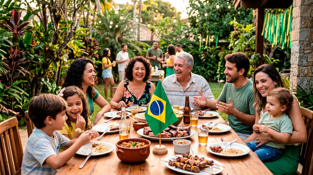 Brazilian Family Enjoying Outdoor Barbecue Gathering with Food and Drinks