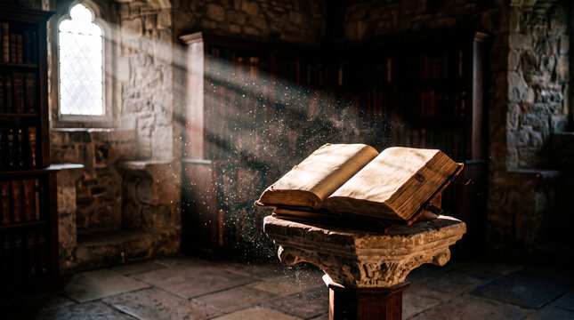 An old open book on a stone pedestal in a sunlit library, with dust particles.