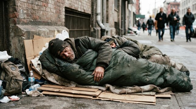 Homeless people sleeping on cardboard on city sidewalk