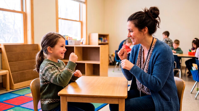 Teacher and student smiling and playing a hand game in a bright classroom