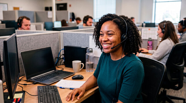 Smiling woman wearing headset working in a busy call center office environment