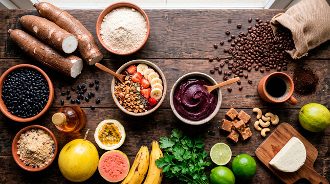 Assortment of Brazilian Foods and Ingredients on Wooden Table