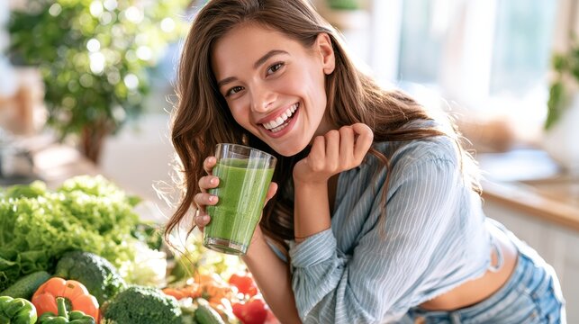 Young woman with long brown hair smiles while holding a glass of green smoothie in a kitchen filled with fresh vegetables and fruits on the counter