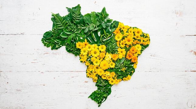Brazil map shape formed by green leaves and yellow flowers on white wood background