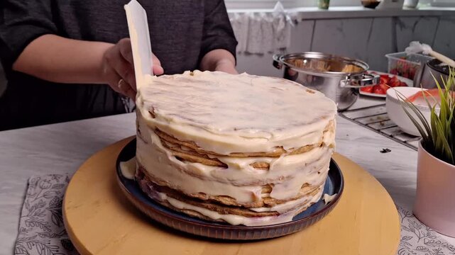 Delicious Layered Cake Being Decorated with Cream and Fruits, Showcasing Masterful Culinary Skills and Attention to Detail in the Kitchen.