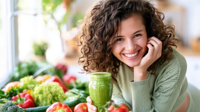 Young woman with curly hair smiles while holding a green smoothie in a kitchen surrounded by fresh vegetables and fruits on a wooden countertop