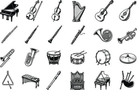 Collection of vintage musical instruments depicted in a detailed vector illustration