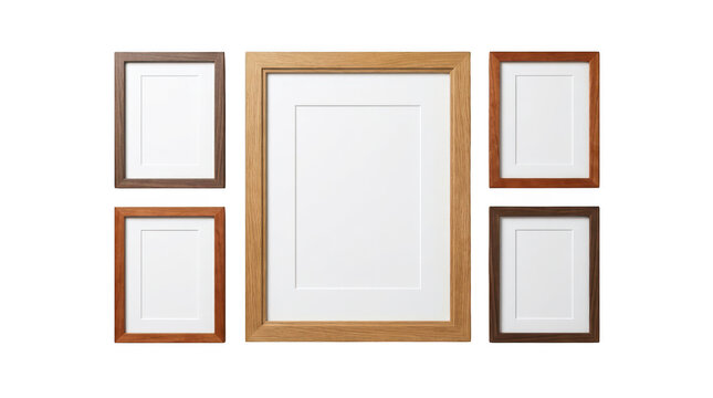 Set of five various wooden picture frames with white matting isolated on transparent background