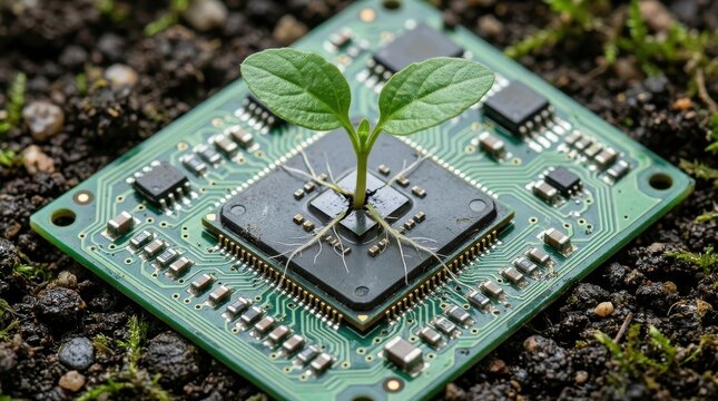 Green seedling growing out of computer microchip processor in soil