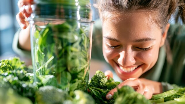 Young woman with brown hair prepares fresh vegetables, including spinach and broccoli, for a healthy meal in a bright kitchen setting with natural light