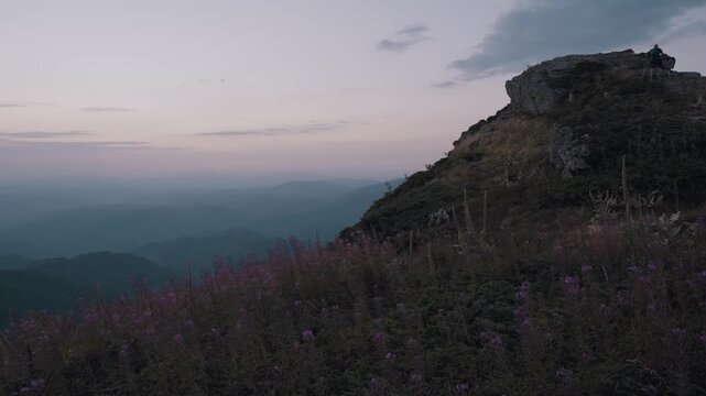 Static shot of hikers with trekking poles walking along a rocky mountain ridge at twilight on Babin Zub peak, Stara Planina, Serbia. Scenic view with purple wildflowers in foreground.