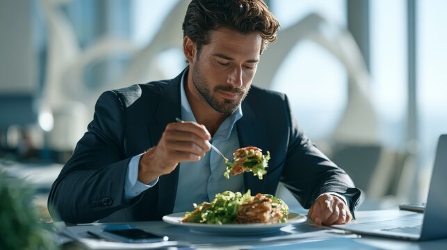 Businessman in a suit enjoying a healthy meal of salad and grilled chicken while seated at a modern office desk with a laptop and smartphone visible