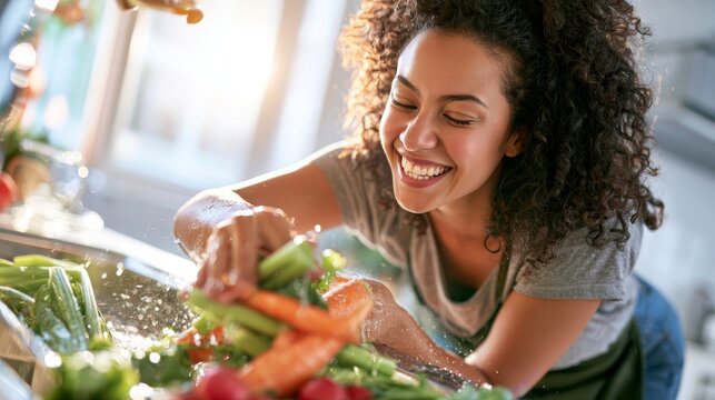 Young woman with curly hair washing fresh vegetables in a modern kitchen sink, sunlight streaming through the window, showcasing a vibrant array of produce
