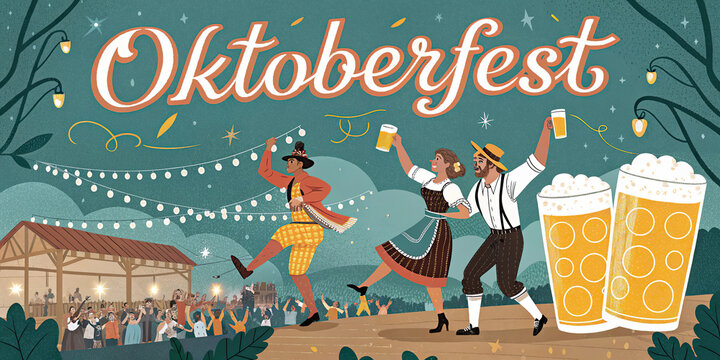 Oktoberfest Festival Celebration with Beer Cheers Traditional Costumes and Festive Fairground