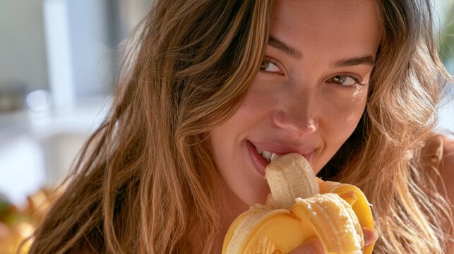 Young woman with long brown hair holding a banana near her mouth, smiling softly, with a bright kitchen setting and fresh fruits in the background