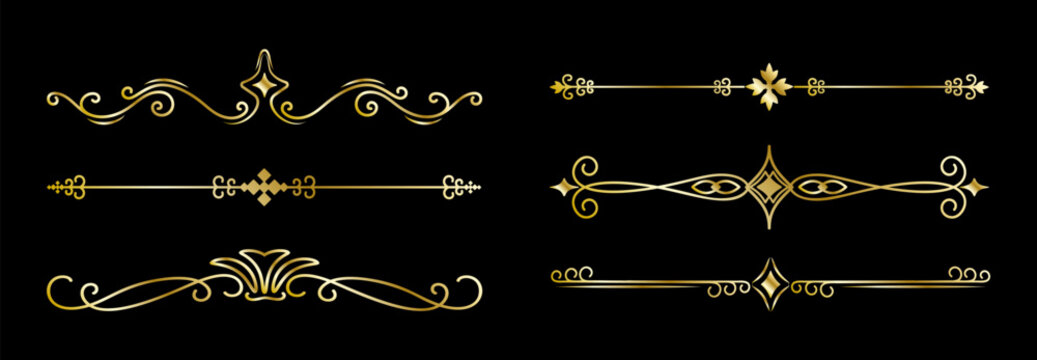 Vintage golden borders and ornate dividers with elegant filigree patterns, perfect for decorative frames, book chapter headers, invitations, and certificate designs with antique charm.