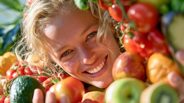 Young woman with blonde hair surrounded by a variety of fresh fruits and vegetables, smiling brightly in a vibrant outdoor setting with greenery in the background