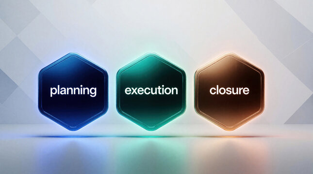 Three glowing hexagonal icons display project management stages. Blue icon shows planning. Green icon shows execution. Orange icon shows closure. Digital infographic concept represents business