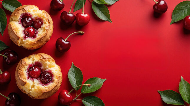 Fresh cherry popover pastries on bright red background. Delicious sweet baked dessert with juicy red berries, green leaves. Minimalist food composition with copy space for text. Perfect template for