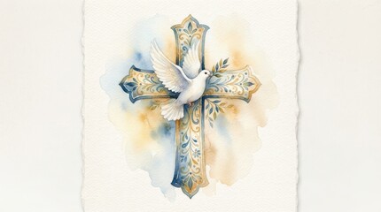 Obraz premium Watercolor cross with white dove and olive branch religious illustration